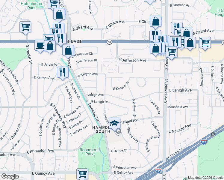 map of restaurants, bars, coffee shops, grocery stores, and more near 8303 East Kenyon Drive in Denver