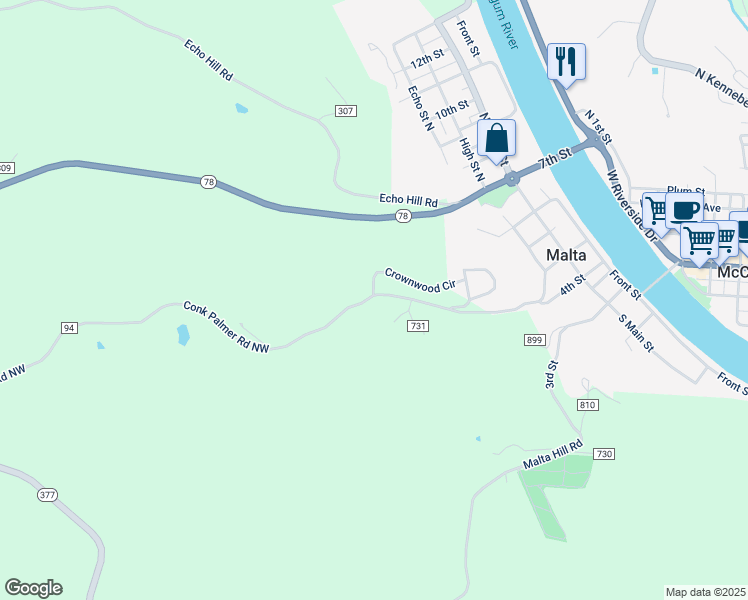 map of restaurants, bars, coffee shops, grocery stores, and more near 2473 Conk Palmer Road Northwest in Malta