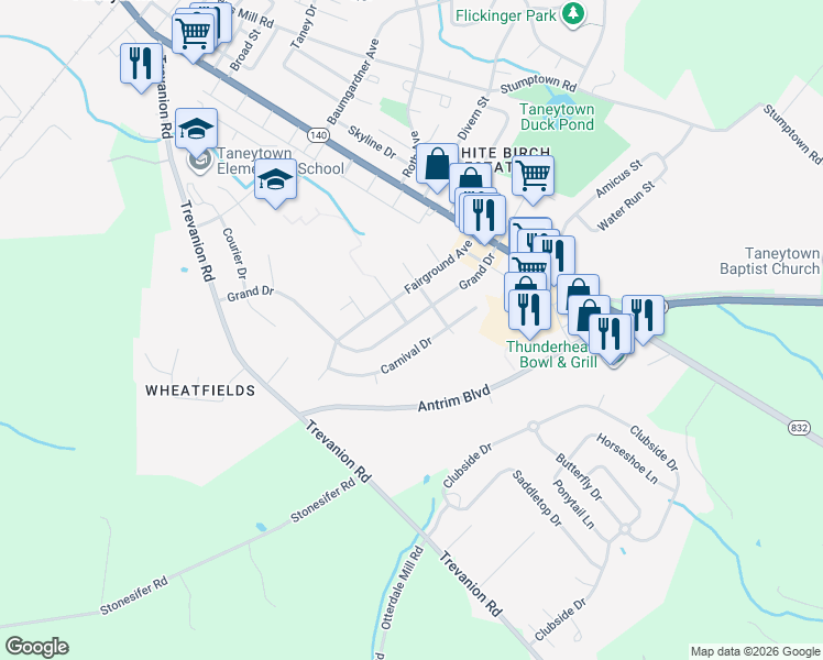 map of restaurants, bars, coffee shops, grocery stores, and more near 129 Grand Drive in Taneytown