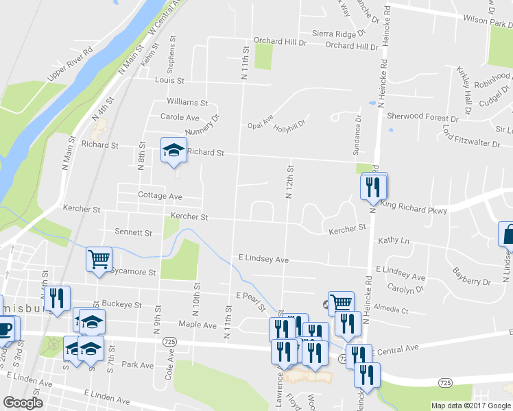 map of restaurants, bars, coffee shops, grocery stores, and more near 720 Loop Street in Miamisburg