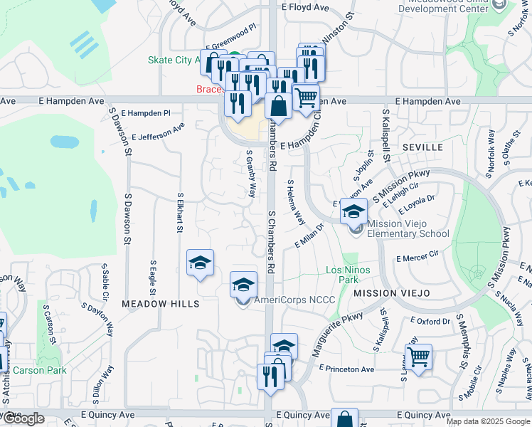 map of restaurants, bars, coffee shops, grocery stores, and more near 3774 South Granby Way in Aurora