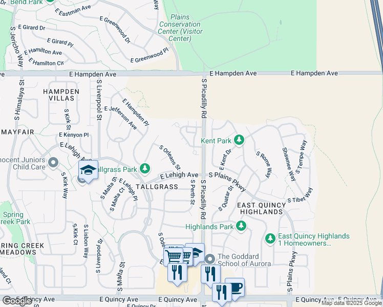 map of restaurants, bars, coffee shops, grocery stores, and more near 3713 South Perth Circle in Aurora