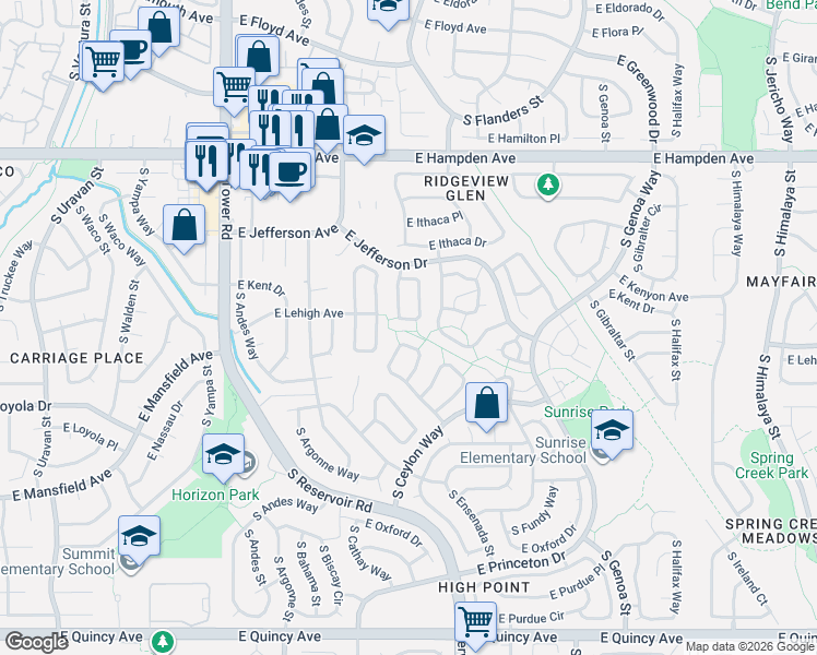 map of restaurants, bars, coffee shops, grocery stores, and more near 3790 South Cathay Circle in Aurora