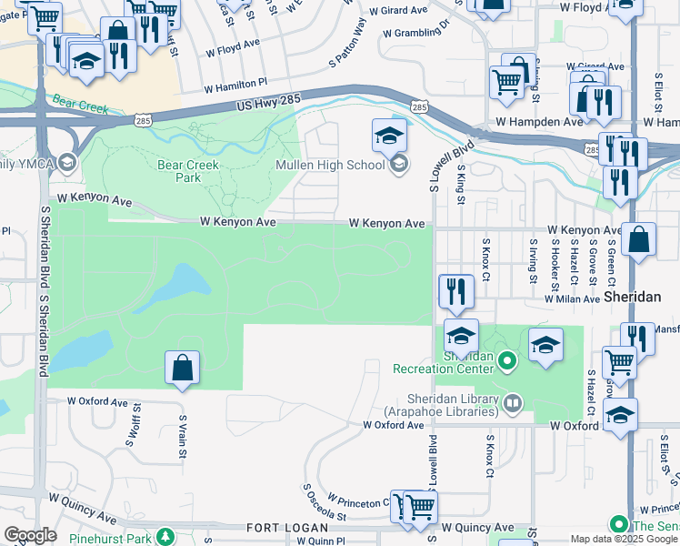 map of restaurants, bars, coffee shops, grocery stores, and more near 46 Omaha Drive in Denver