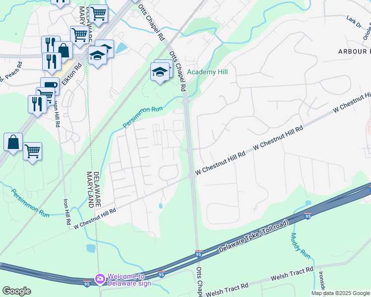 map of restaurants, bars, coffee shops, grocery stores, and more near 860 Otts Chapel Road in Newark