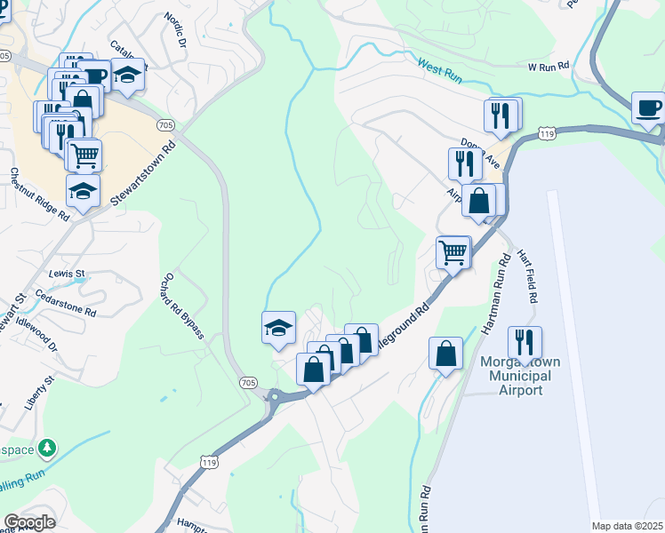map of restaurants, bars, coffee shops, grocery stores, and more near 60 Brownstone Drive in Morgantown