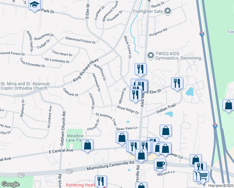 map of restaurants, bars, coffee shops, grocery stores, and more near 702 Green Feather Court in West Carrollton
