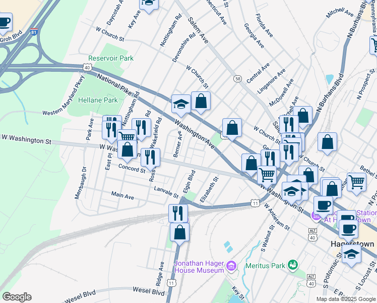 map of restaurants, bars, coffee shops, grocery stores, and more near 28 West Side Avenue in Hagerstown