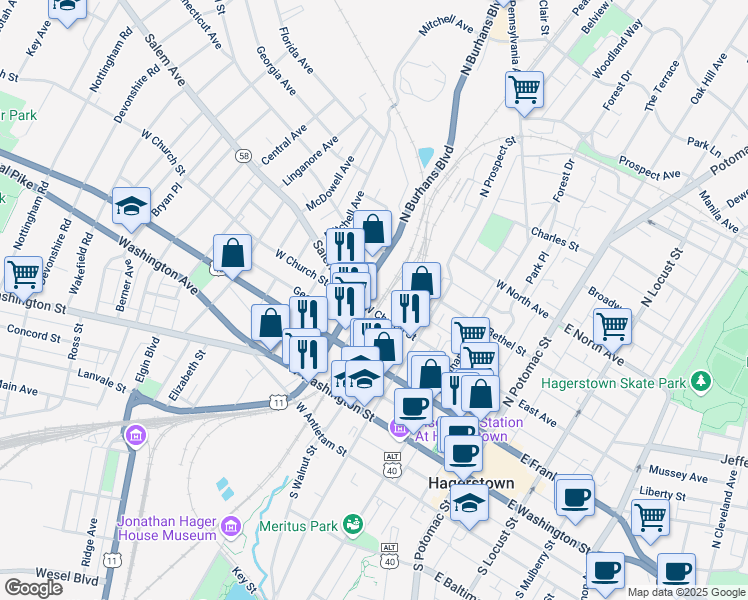 map of restaurants, bars, coffee shops, grocery stores, and more near 332 North Burhans Boulevard in Hagerstown