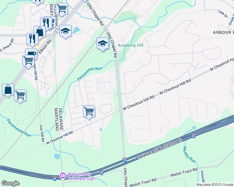 map of restaurants, bars, coffee shops, grocery stores, and more near 860 Otts Chapel Road in Newark