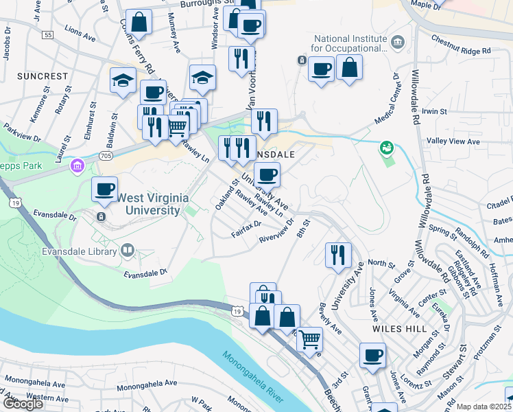 map of restaurants, bars, coffee shops, grocery stores, and more near 900 Rawley Avenue in Morgantown