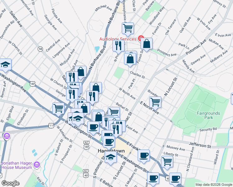 map of restaurants, bars, coffee shops, grocery stores, and more near 329 Jonathan Street in Hagerstown