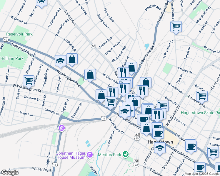 map of restaurants, bars, coffee shops, grocery stores, and more near 119 High Street in Hagerstown