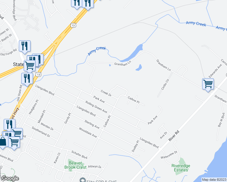 map of restaurants, bars, coffee shops, grocery stores, and more near 3 Gazelle Place in New Castle
