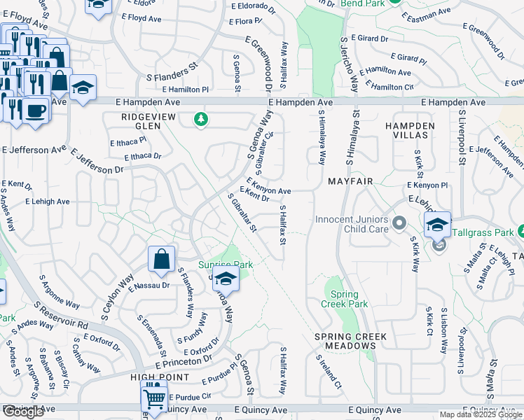 map of restaurants, bars, coffee shops, grocery stores, and more near 19984 East Kent Drive in Aurora