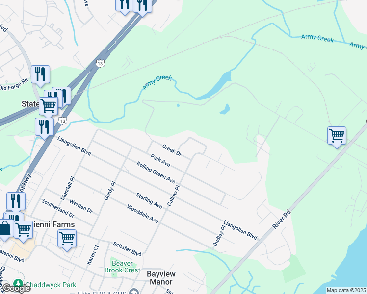 map of restaurants, bars, coffee shops, grocery stores, and more near 3 Gazelle Place in New Castle