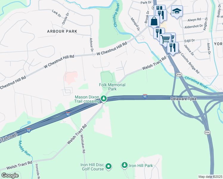 map of restaurants, bars, coffee shops, grocery stores, and more near Welsh Tract Road in Newark