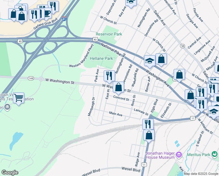 map of restaurants, bars, coffee shops, grocery stores, and more near 2 East Place in Hagerstown