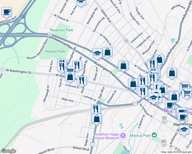 map of restaurants, bars, coffee shops, grocery stores, and more near 12 Berner Avenue in Hagerstown