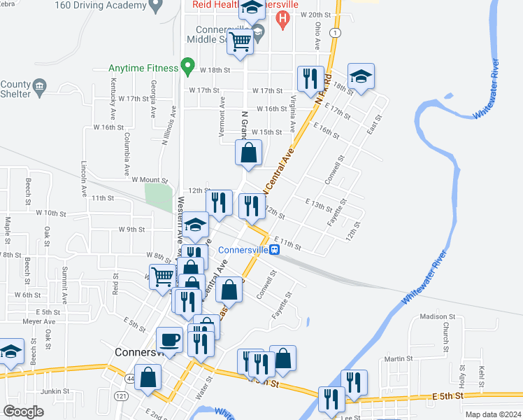 map of restaurants, bars, coffee shops, grocery stores, and more near 1132 North Central Avenue in Connersville