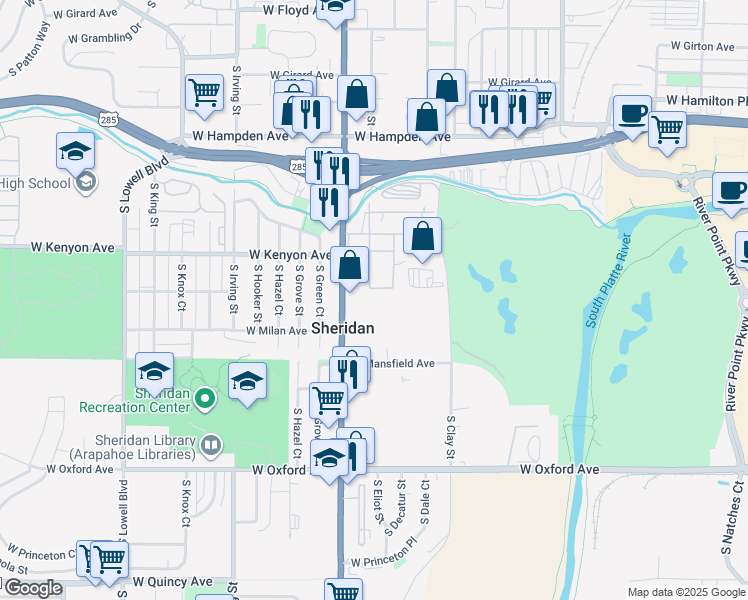 map of restaurants, bars, coffee shops, grocery stores, and more near 3700 South Federal Boulevard in Englewood