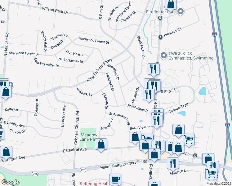 map of restaurants, bars, coffee shops, grocery stores, and more near 573 Gamewell Drive in Miamisburg