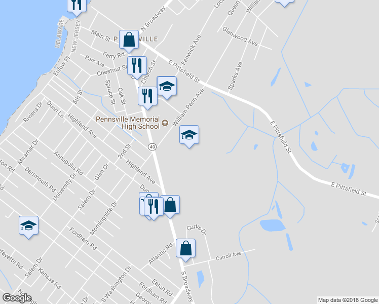 map of restaurants, bars, coffee shops, grocery stores, and more near 4 William Penn Avenue in Pennsville Township