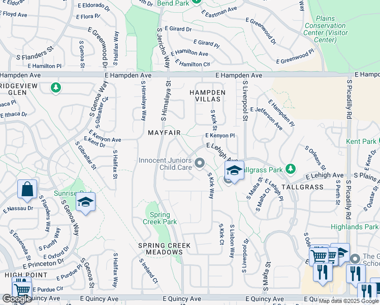 map of restaurants, bars, coffee shops, grocery stores, and more near 3792 South Kirk Way in Aurora
