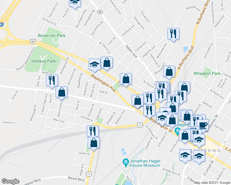 map of restaurants, bars, coffee shops, grocery stores, and more near 715 National Pike in Hagerstown