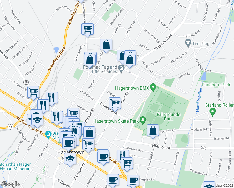 map of restaurants, bars, coffee shops, grocery stores, and more near 42 Broadway in Hagerstown