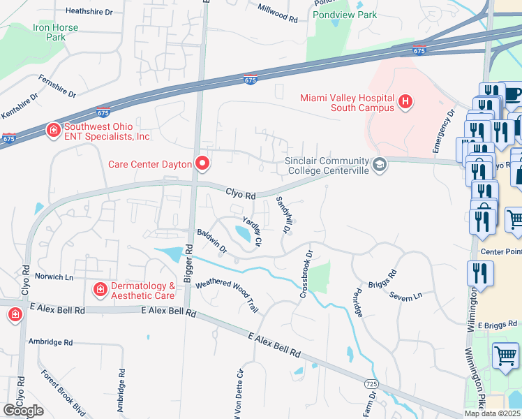 map of restaurants, bars, coffee shops, grocery stores, and more near 6611 Brigham Square in Centerville