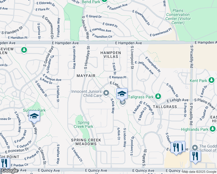 map of restaurants, bars, coffee shops, grocery stores, and more near 3792 South Kirk Way in Aurora