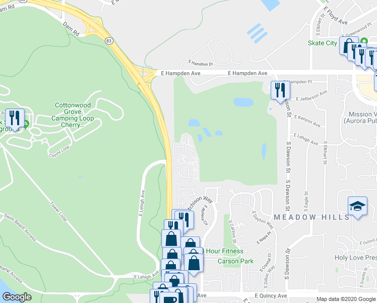 map of restaurants, bars, coffee shops, grocery stores, and more near 13883 East Lehigh Avenue in Aurora