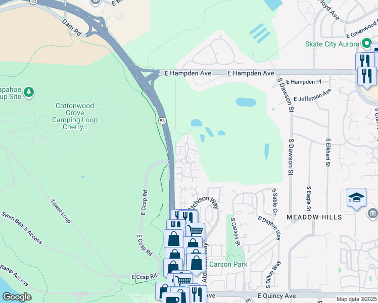 map of restaurants, bars, coffee shops, grocery stores, and more near 13883 East Lehigh Avenue in Aurora