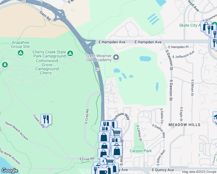 map of restaurants, bars, coffee shops, grocery stores, and more near 13883 East Lehigh Avenue in Aurora