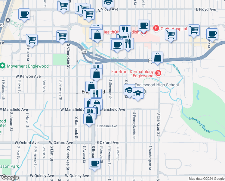 map of restaurants, bars, coffee shops, grocery stores, and more near 3776 South Sherman Street in Englewood