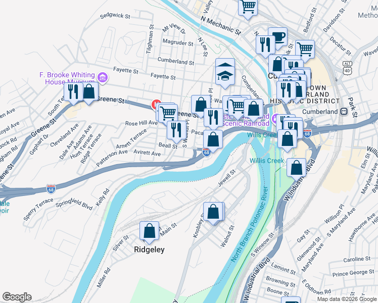 map of restaurants, bars, coffee shops, grocery stores, and more near 306 Beall Street in Cumberland