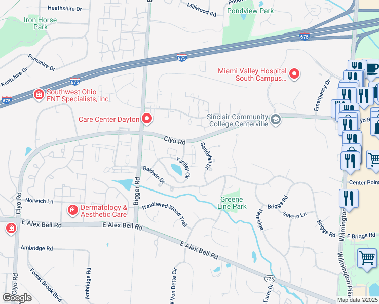 map of restaurants, bars, coffee shops, grocery stores, and more near 6611 Brigham Square in Centerville