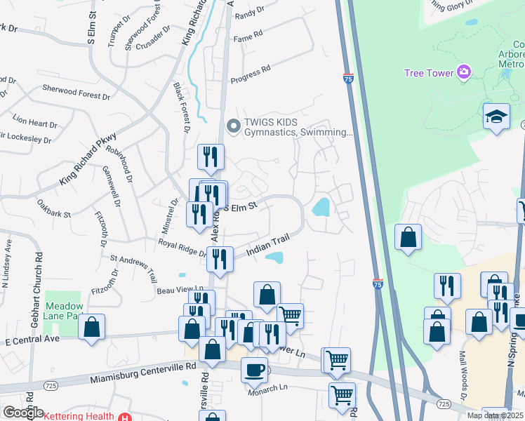 map of restaurants, bars, coffee shops, grocery stores, and more near 961 Tristan Court in Dayton