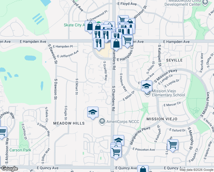 map of restaurants, bars, coffee shops, grocery stores, and more near 3774 South Granby Way in Aurora