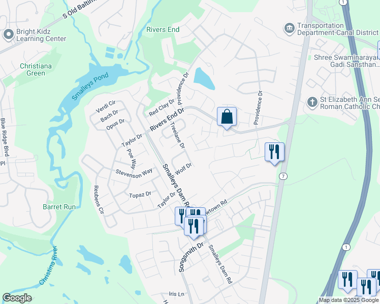 map of restaurants, bars, coffee shops, grocery stores, and more near 28 Treelane Drive in Bear