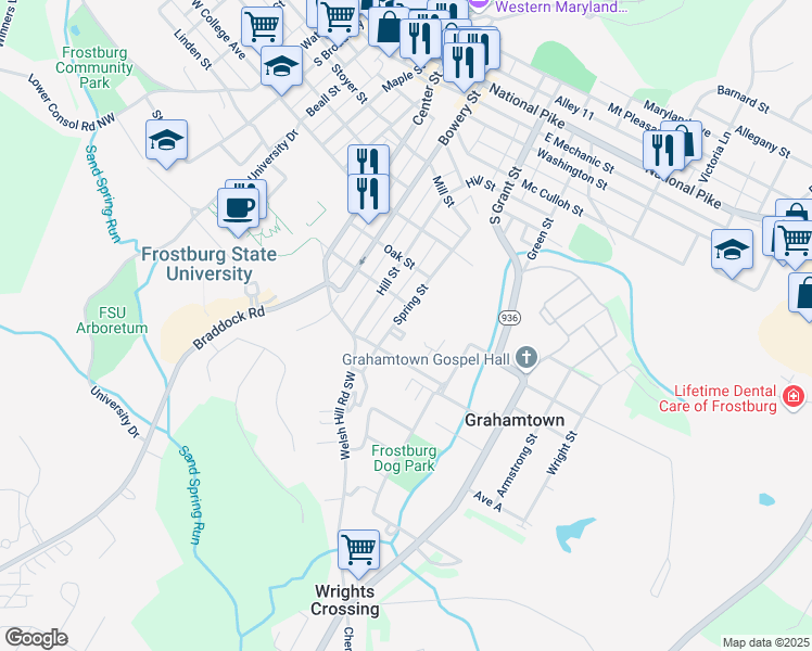 map of restaurants, bars, coffee shops, grocery stores, and more near 124 Spring Street in Frostburg