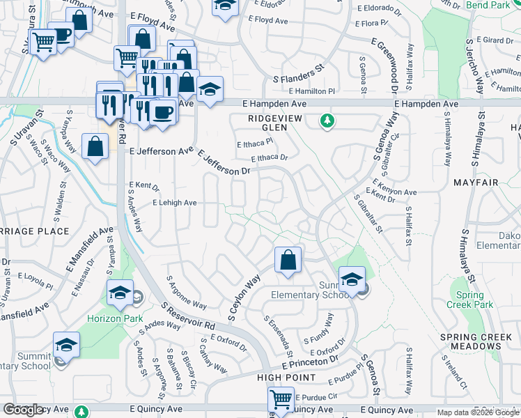 map of restaurants, bars, coffee shops, grocery stores, and more near 3710 South Cathay Circle in Aurora