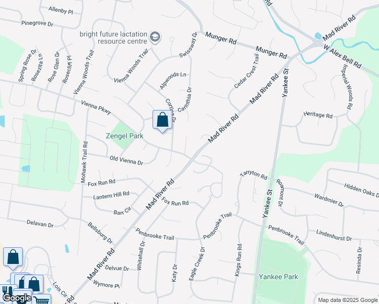 map of restaurants, bars, coffee shops, grocery stores, and more near 2031 Vienna Parkway in Dayton