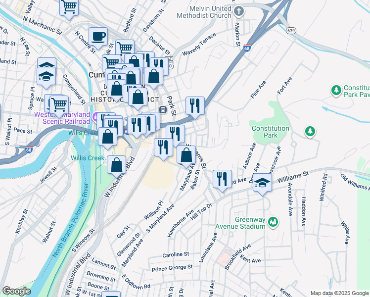 map of restaurants, bars, coffee shops, grocery stores, and more near 243 Williams St in Cumberland
