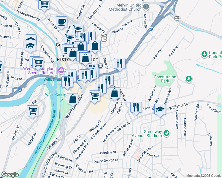 map of restaurants, bars, coffee shops, grocery stores, and more near 243 Williams Street in Cumberland