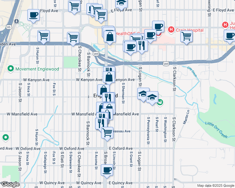 map of restaurants, bars, coffee shops, grocery stores, and more near 3788 South Lincoln Street in Englewood