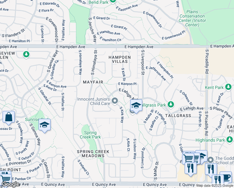map of restaurants, bars, coffee shops, grocery stores, and more near 3792 South Kirk Way in Aurora