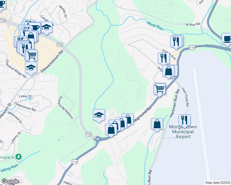 map of restaurants, bars, coffee shops, grocery stores, and more near 60 Brownstone Drive in Morgantown