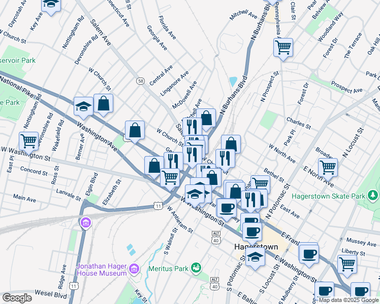 map of restaurants, bars, coffee shops, grocery stores, and more near 417 West Church Street in Hagerstown